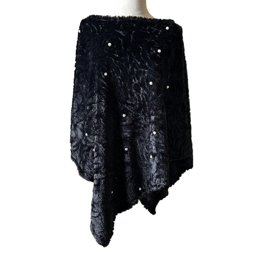 Jet Black Faux Fur Poncho Scarf White Pearls One Size Elegant Cozy Warm‎